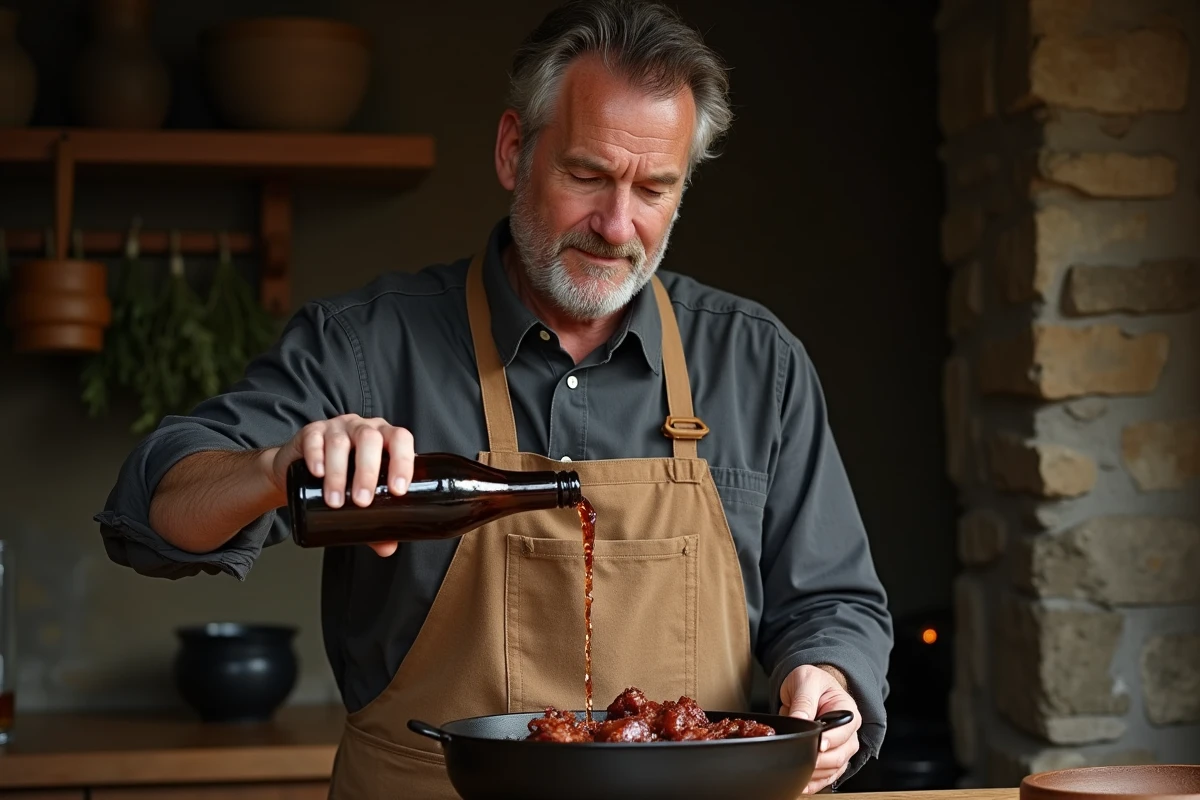 Chef versant de la bière brune sur des morceaux de chevreuil dans une cocotte en fonte dans une cuisine de ferme