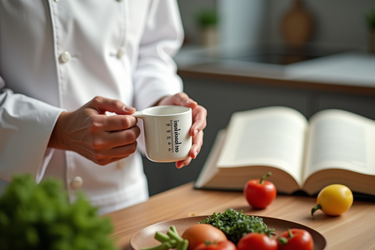Chef tenant un verre doseur avec ingrédients frais en cuisine moderne