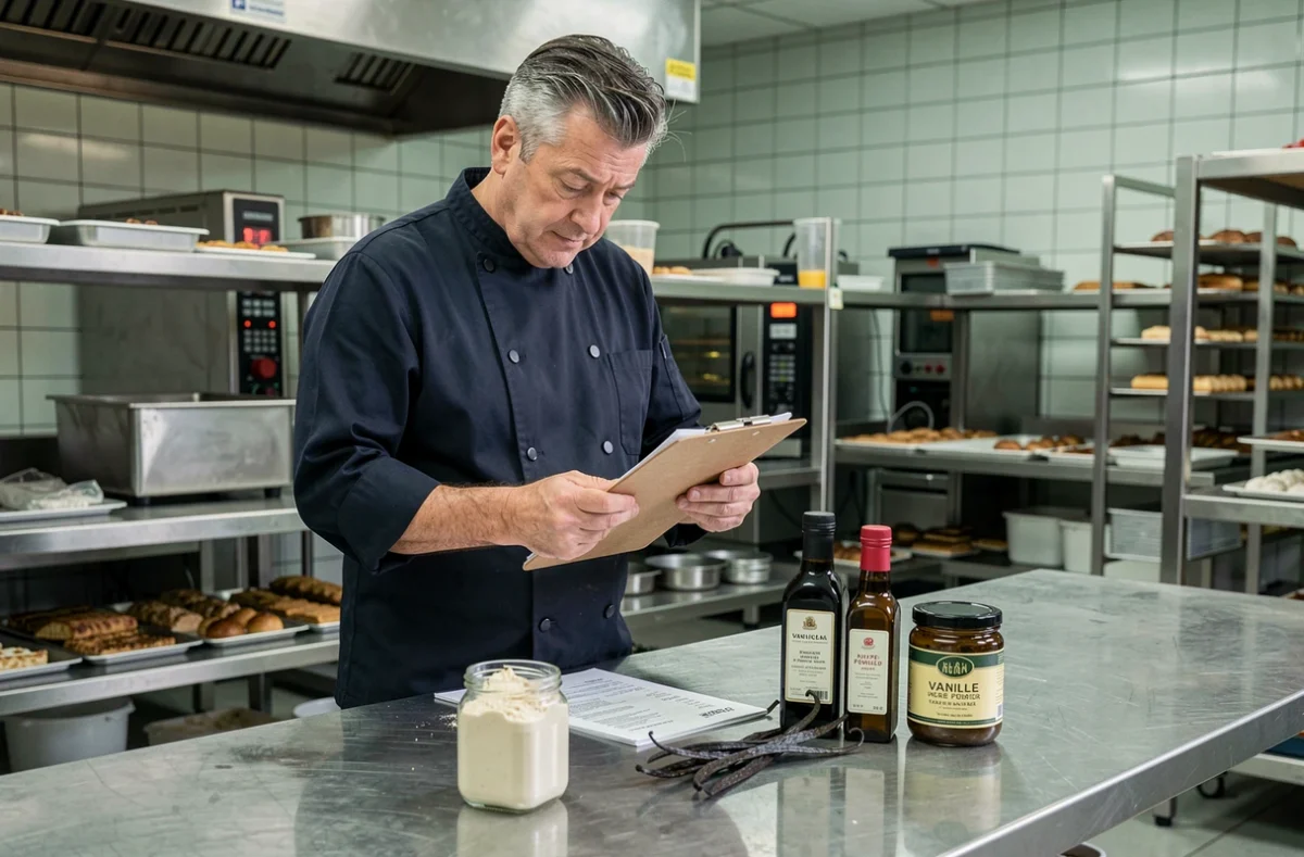 Chef pâtissier comparant des alternatives à la vanille en gousse pour optimiser son budget face à l'augmentation du prix au kilo de vanille