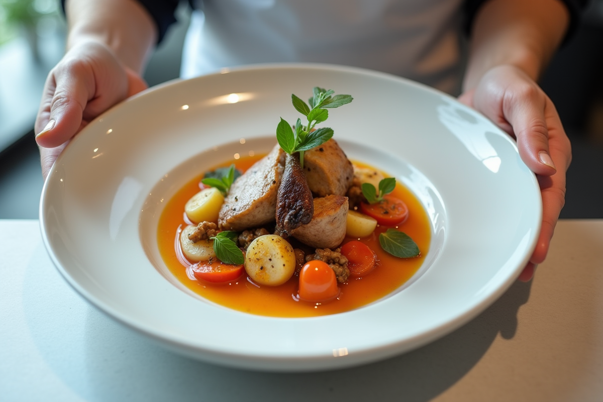 Chef moderne dressant un civet de lapin gourmet