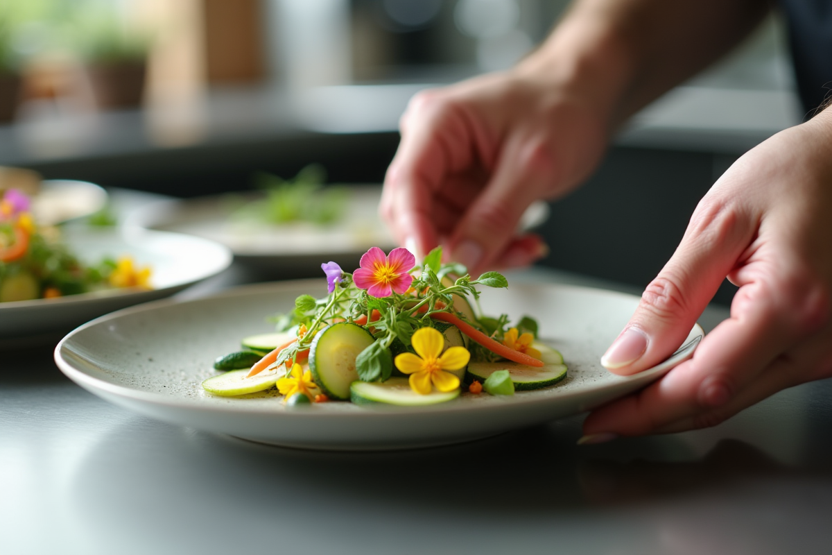 Chef coupant des légumes avec fleurs comestibles dans une cuisine moderne