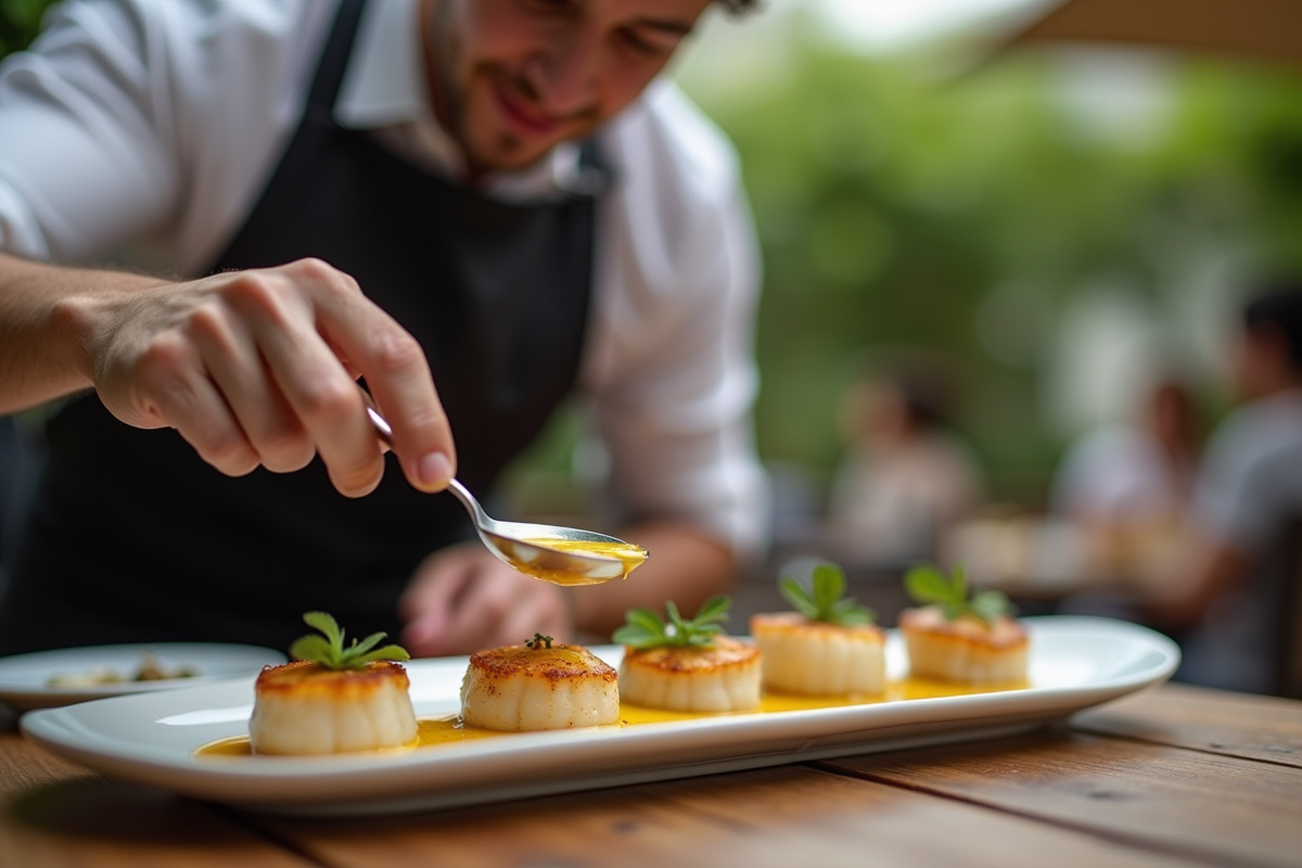 Jeune homme en tablier versant une sauce safran sur des coquilles Saint-Jacques en extérieur