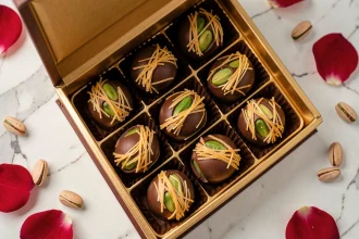 Boîte de chocolat Dubaï ouverte avec garniture pistache et kadaïf, vue de dessus sur marbre blanc