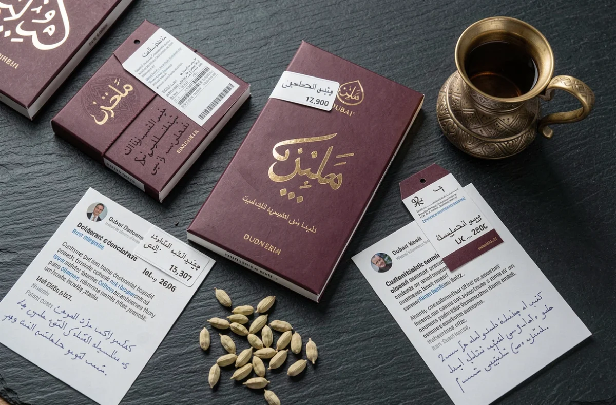 Présentation de chocolats Dubaï avec étiquettes de prix et avis clients sur ardoise foncée, styling éditorial