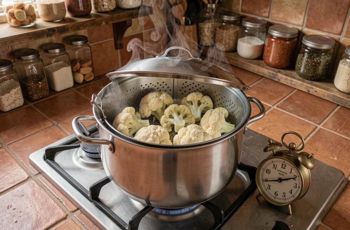 Bouquets de chou-fleur de différentes tailles dans un panier vapeur sur une cuisinière à gaz avec minuterie de cuisine