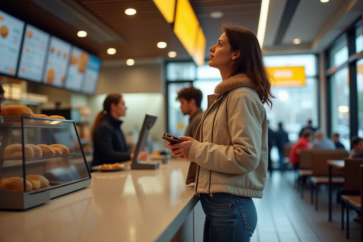 Femme consultant le prix du Big Mac au comptoir d'un McDonald's en ville en France
