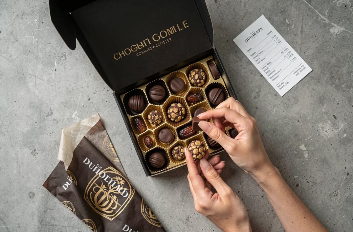 Commande en ligne de chocolats dubaïotes reçue dans un coffret de luxe avec ganaches et dattes enrobées