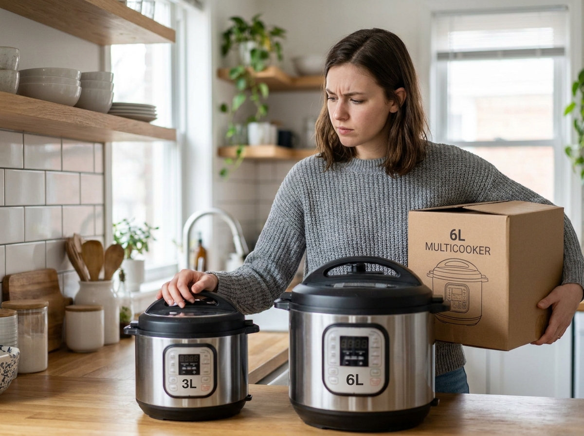 Femme comparant deux multicuiseurs de capacités différentes dans une petite cuisine, aidant à choisir le bon volume en litres selon son foyer