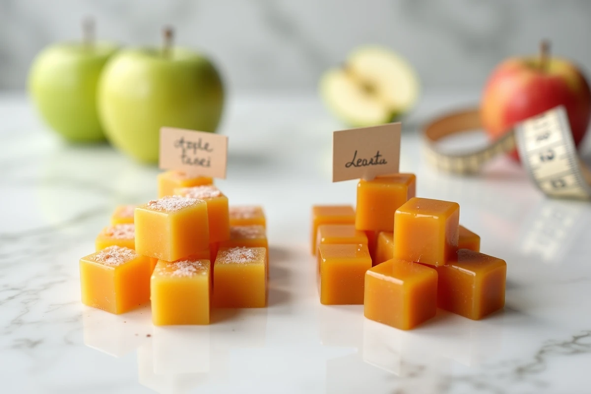 Comparaison entre pâtes de fruit pomme maison aux bords irréguliers et pâtes de fruit industrielles uniformes sur marbre blanc