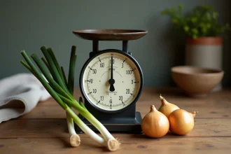 Balance de cuisine avec oignons nouveaux et oignons secs posés sur une table en bois, comparaison de poids