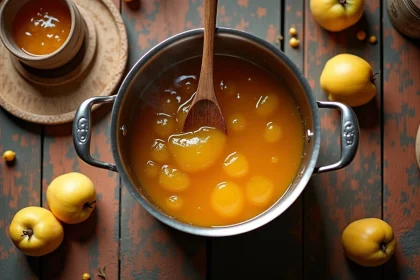 Confiture de coings en train de mijoter dans une casserole avec des coings entiers non pelés sur un plan de travail rustique