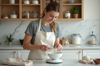 Femme versant 8cl de liquide dans une balance de cuisine pour convertir les centilitres en grammes