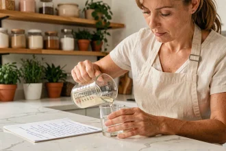 Femme versant un liquide dans un verre doseur gradué en cl sur un plan de travail en marbre blanc avec une fiche recette