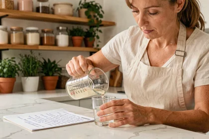 Femme versant un liquide dans un verre doseur gradué en cl sur un plan de travail en marbre blanc avec une fiche recette