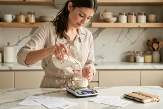 Femme versant de la farine pesée sur une balance numérique dans un verre doseur en centilitres sur un plan de travail en marbre blanc