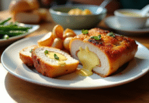 Cordon bleu doré tranché avec fromage fondu sur une assiette blanche