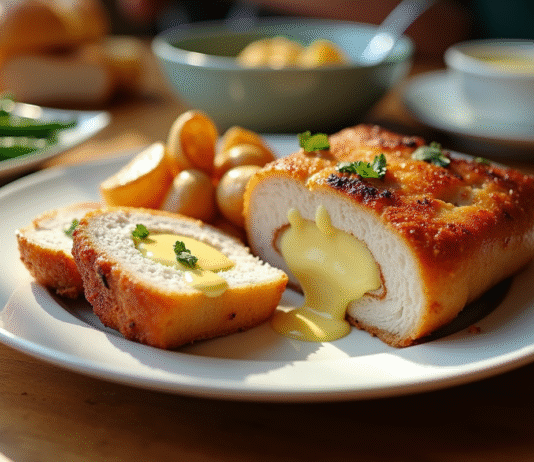 Cordon bleu doré tranché avec fromage fondu sur une assiette blanche