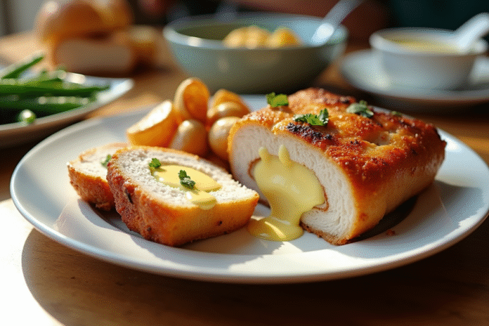 Cordon bleu doré tranché avec fromage fondu sur une assiette blanche