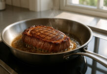 Photo hyperrealiste d'un steak parfaitement saisi dans une poêle en acier inoxydable