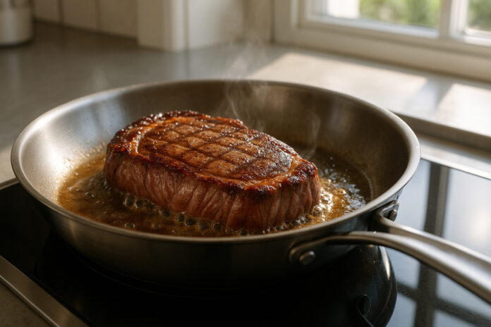 Photo hyperrealiste d'un steak parfaitement saisi dans une poêle en acier inoxydable