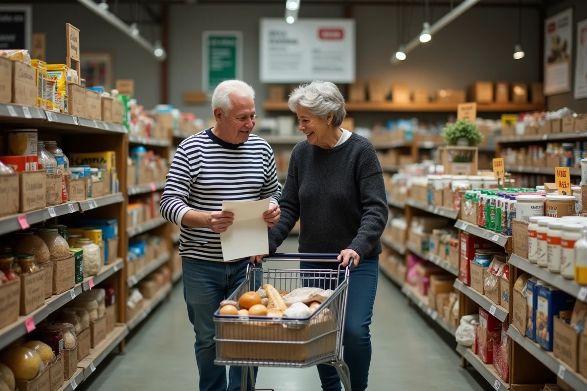 Couple faisant leurs courses dans un magasin anti-gaspi avec un caddie et une liste d'achats manuscrite dans un rayon bien fourni