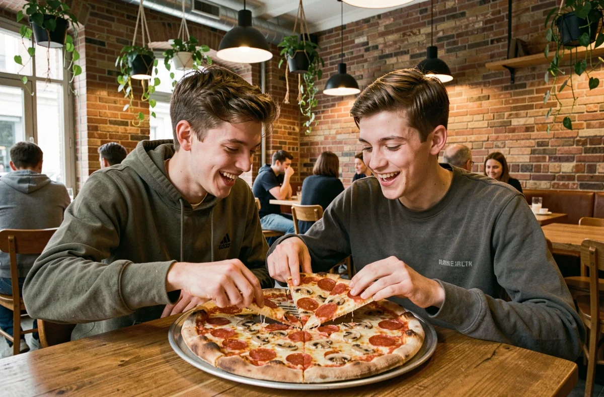 Jeune couple partageant une pizza pepperoni et champignons dans une pizzeria moderne avec murs en brique aux Pays de la Loire
