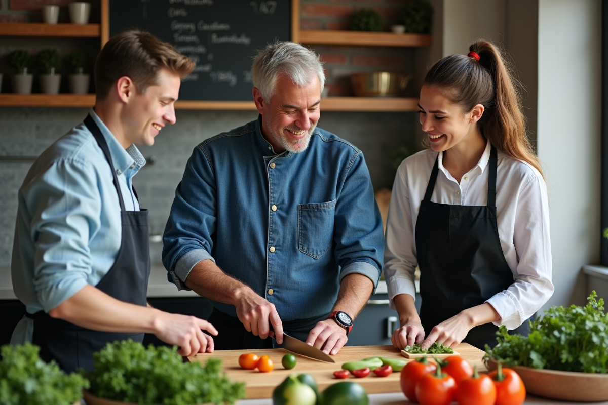 Instructeur guide jeunes en préparation de légumes