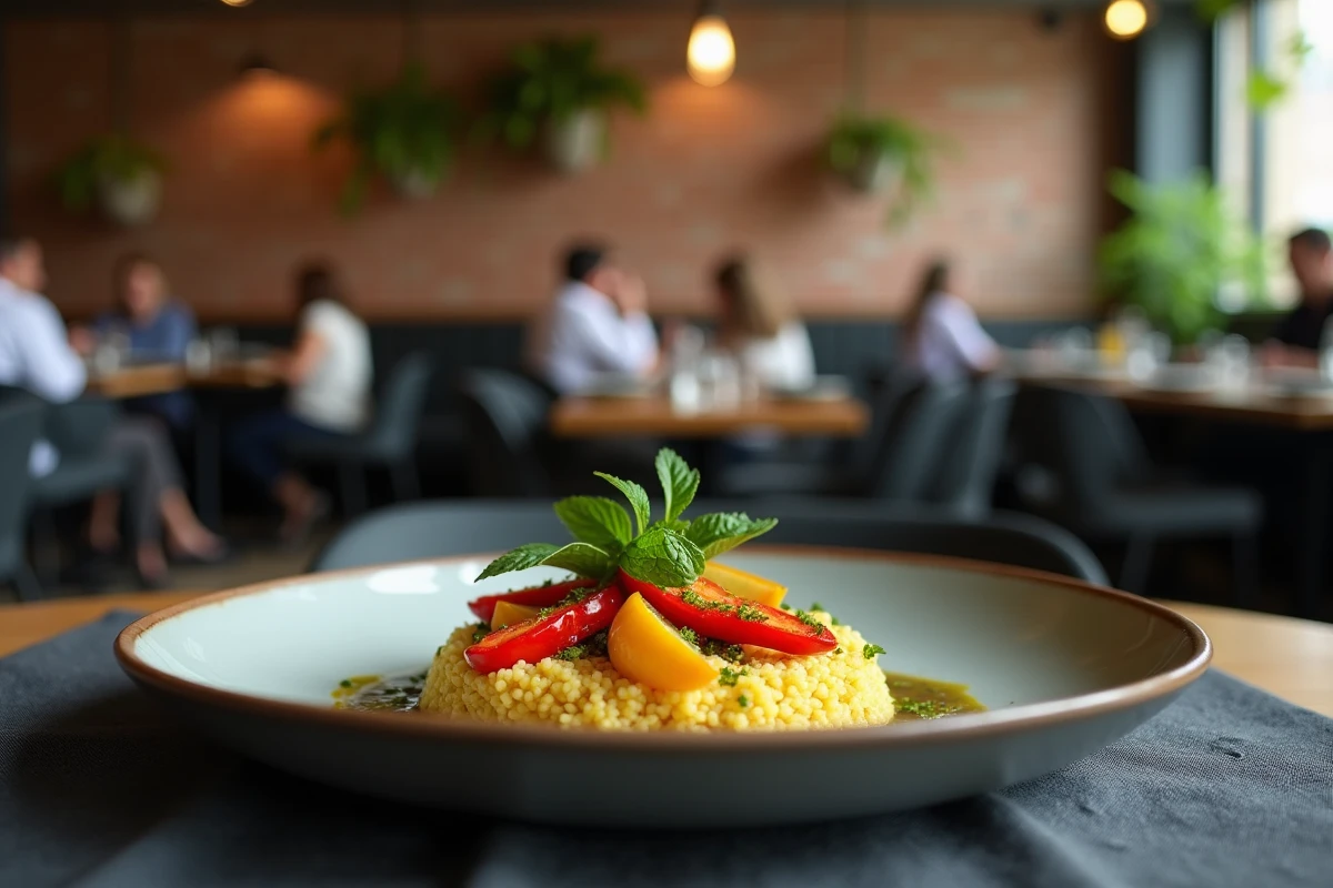 Assiette de couscous végétarien gastronomique dans un restaurant moderne de Toulouse avec décoration minimaliste et murs en briques roses