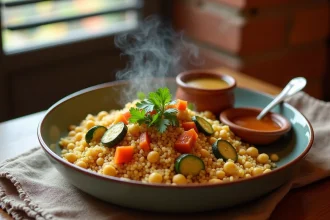 Bol de couscous végétarien fumant avec pois chiches et légumes grillés dans un restaurant traditionnel de Toulouse