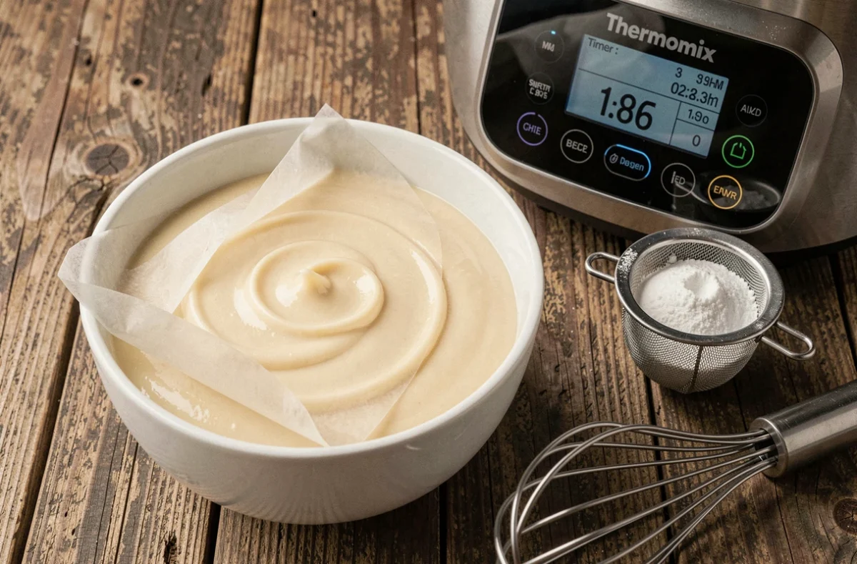 Crème pâtissière maison dans un bol en céramique blanche sur table en bois avec le panneau de réglages du Thermomix en arrière-plan et accessoires de pâtisserie
