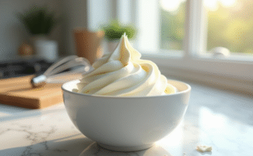 Crème fouettée dans un bol en marbre sous lumière naturelle