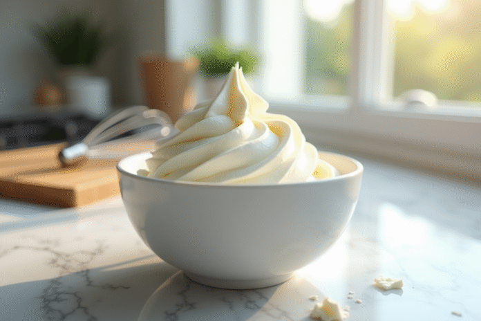 Crème fouettée dans un bol en marbre sous lumière naturelle