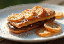 Gros plan d'un croustillant chocolat avec morceaux de crêpe dentelle