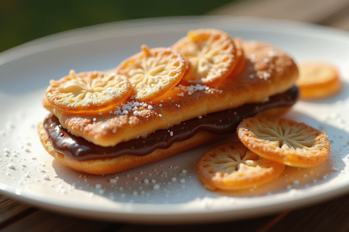 Gros plan d'un croustillant chocolat avec morceaux de crêpe dentelle