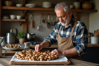 Homme d'âge moyen arrangeant des champignons dans une cuisine rustique