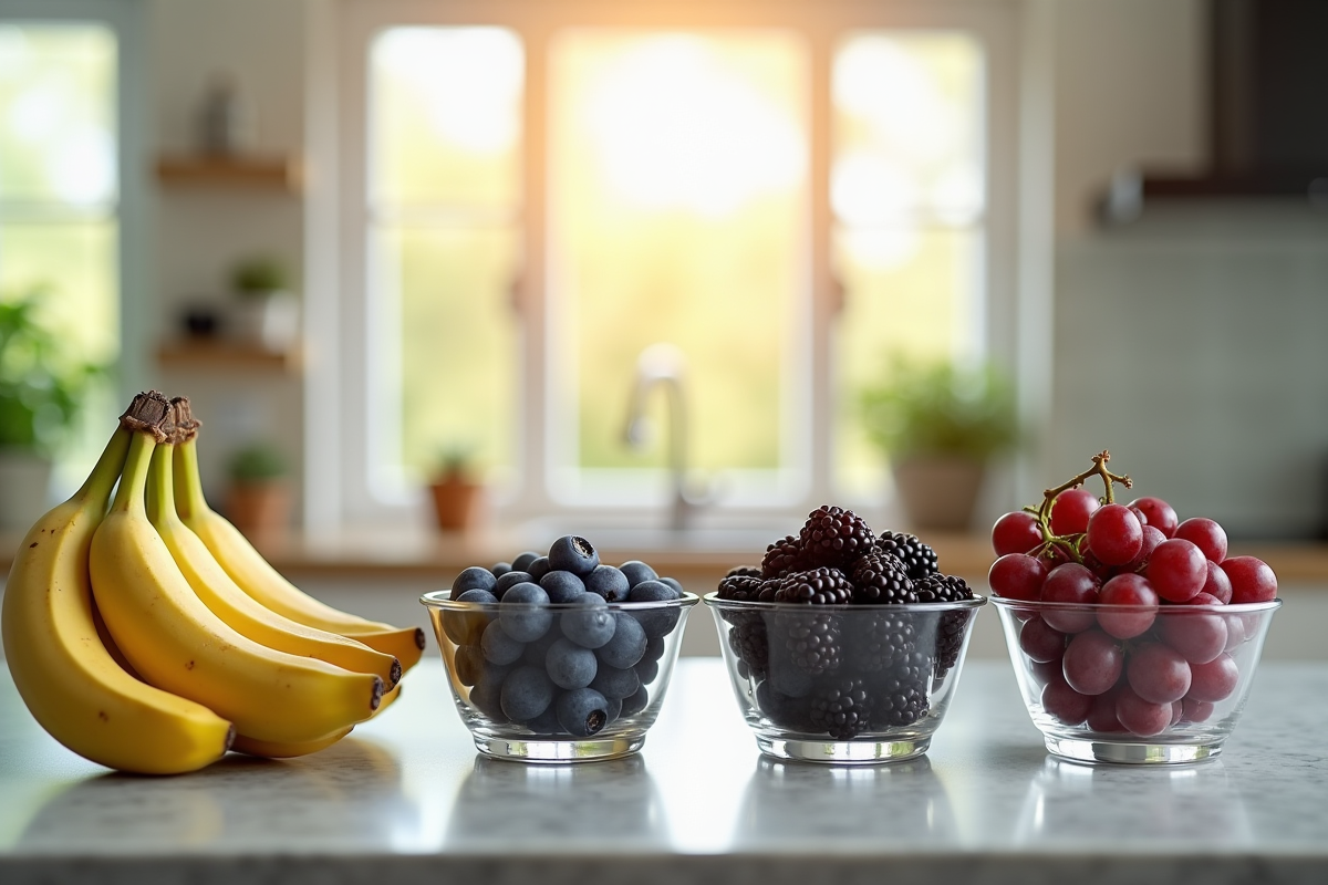 Plan de cuisine avec bananes myrtilles mures et raisin Baco noir en contenants