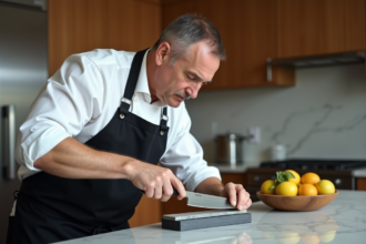 Homme d'âge moyen affûtant un couteau de chef dans une cuisine élégante