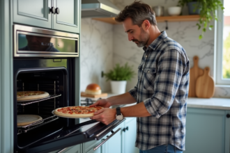 Homme d'âge moyen posant une pierre à pizza dans une cuisine moderne