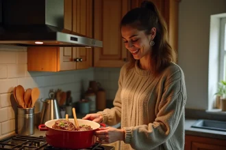 Femme en cuisine préparant une cocotte de gigot d'agneau