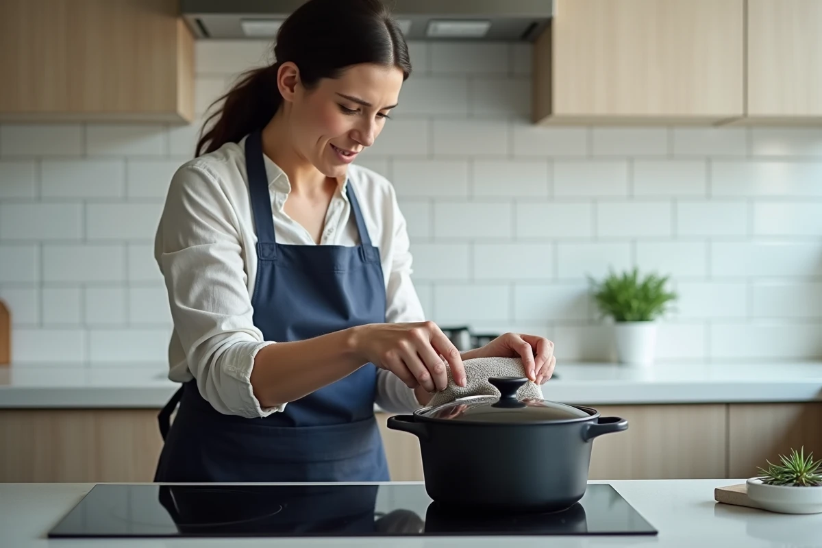 Femme cuisinant un filet mignon en cocotte sur plaque à induction, scène de cuisine du quotidien réaliste