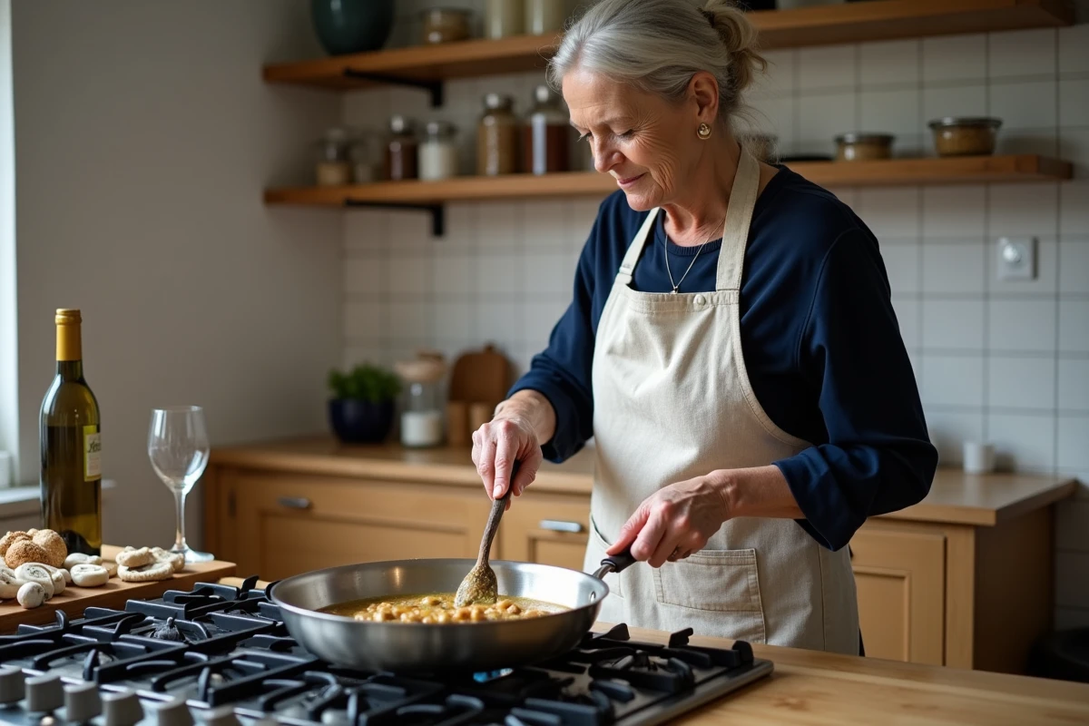 Femme cuisinant une sauce aux cèpes au vin blanc dans une poêle en inox sur une cuisinière à gaz dans une cuisine familiale