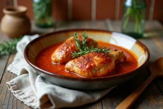 Cuisse de poulet mijotée au Cookeo dans une sauce tomate aux herbes, servie dans un bol en céramique rustique sur une table en bois