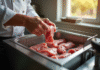Chef plaçant filets de canard cru dans une friteuse moderne dans une cuisine lumineuse
