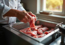 Chef plaçant filets de canard cru dans une friteuse moderne dans une cuisine lumineuse