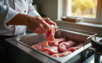 Comment utiliser la friteuse Fagor pour cuisiner un magret de canard savoureux Chef plaçant filets de canard cru dans une friteuse moderne dans une cuisine lumineuse