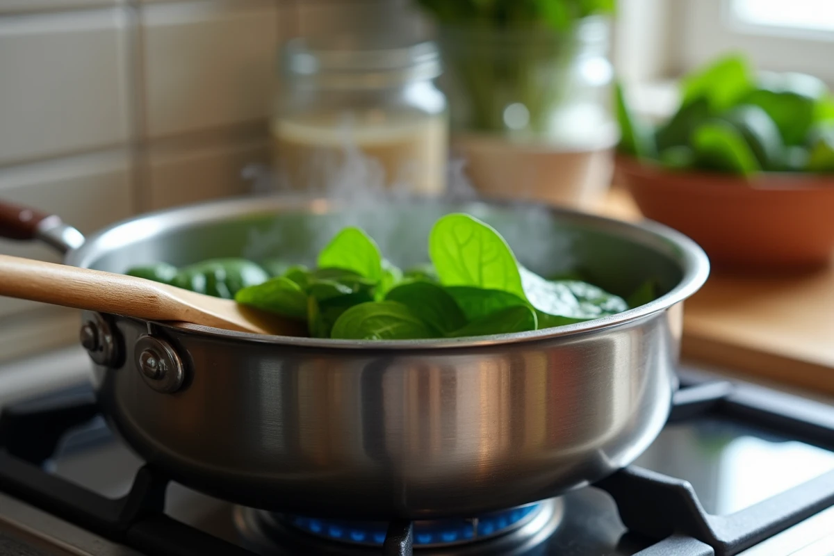 Épinards frais en train de cuire dans une petite casserole sur une cuisinière pour une purée maison pour bébé