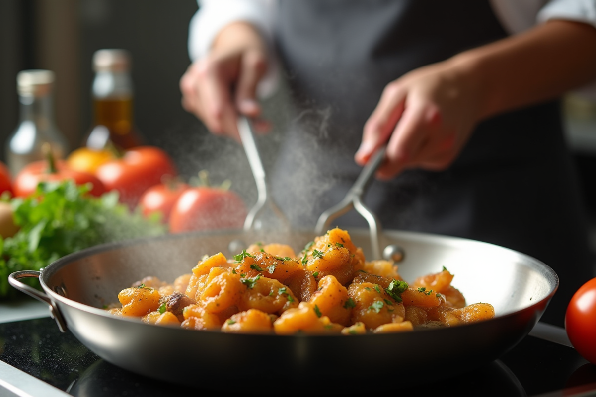 Chef sautant des girolles dans une poêle en cuisine