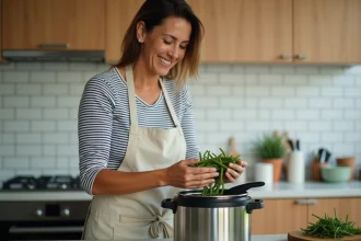 Femme versant des haricots verts frais dans une cocotte minute sur un plan de travail de cuisine moderne