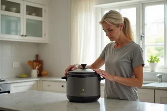 Femme débloquant le couvercle d'un Cookeo posé sur un plan de travail de cuisine moderne