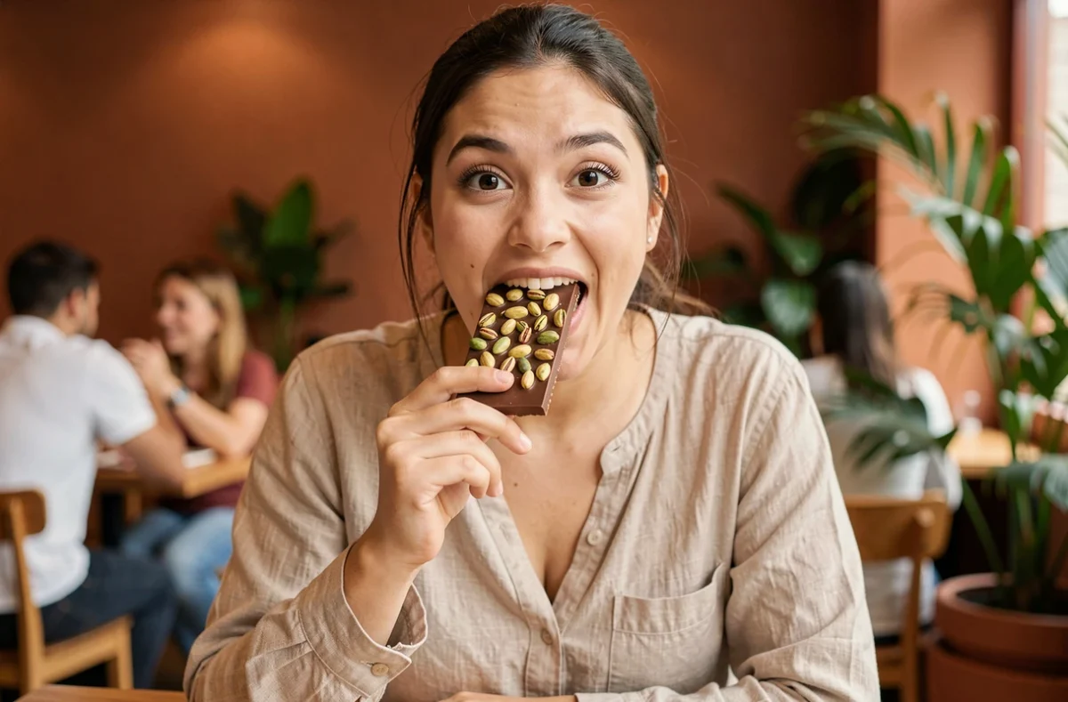Femme dégustant un chocolat Dubaï à la pistache dans un café moderne, expression de plaisir authentique